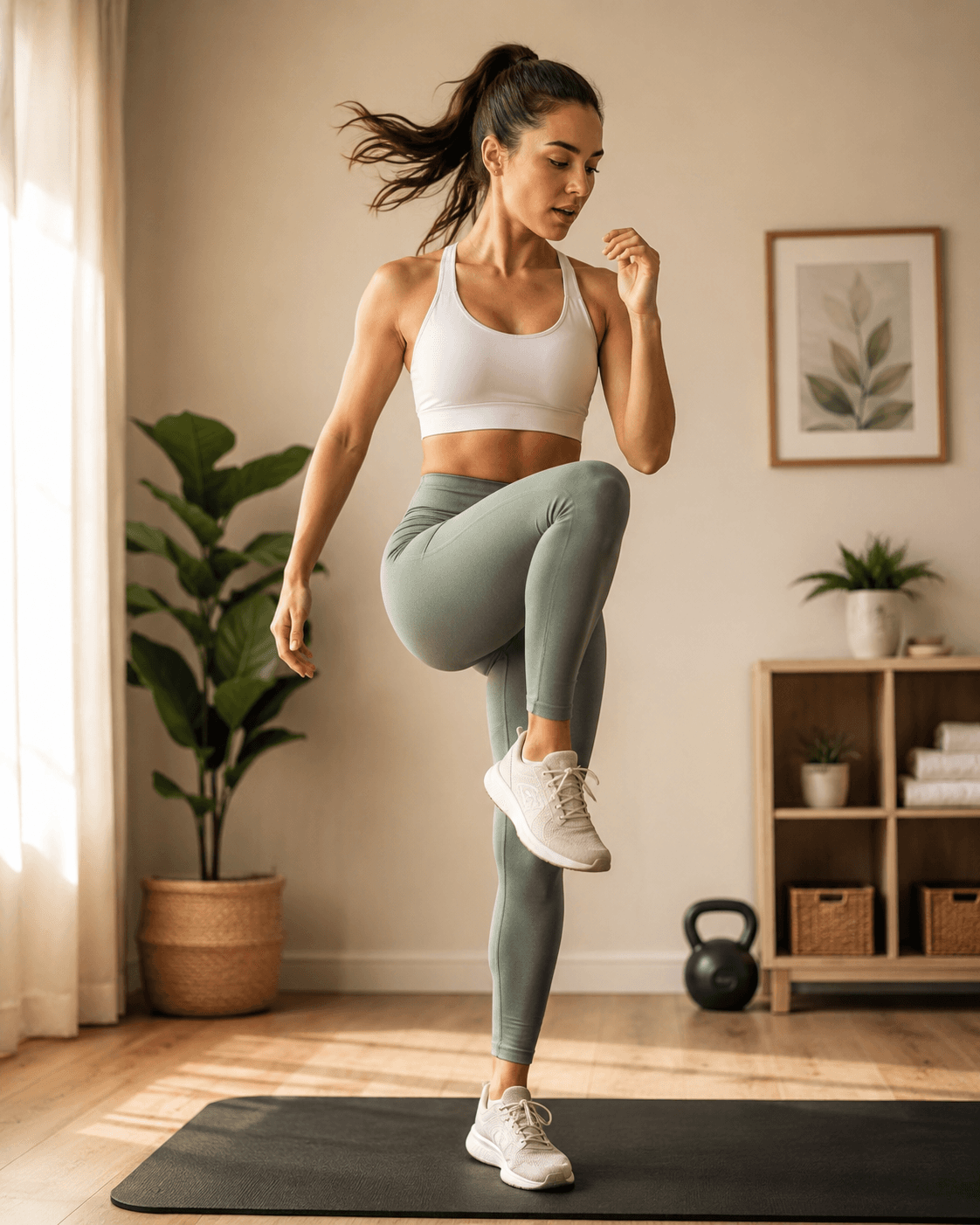 Woman doing a high-knee exercise in a warm, sunlit living room